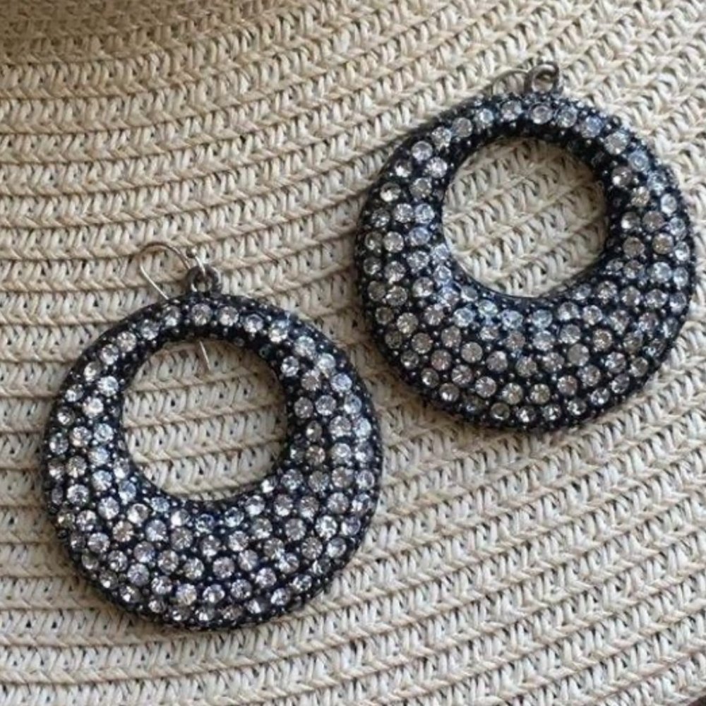 So Sparkly Rhinestone Dangle Pierced Earrings Hoops Fabulous!!